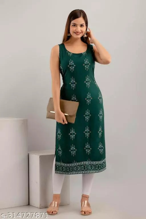 Women Rayon Printed Straight Sleeveless Kurta/Kurti