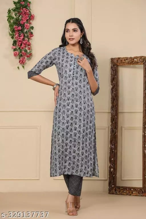Anni Designer Women's Cotton Blend Grey Ethnic Motifs Printed Kurta with Trouser