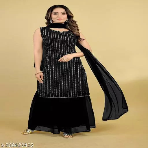 Women Faux Georgette With Embrodery Seqance Work Kurta With Sharara And Dupatta Stiched