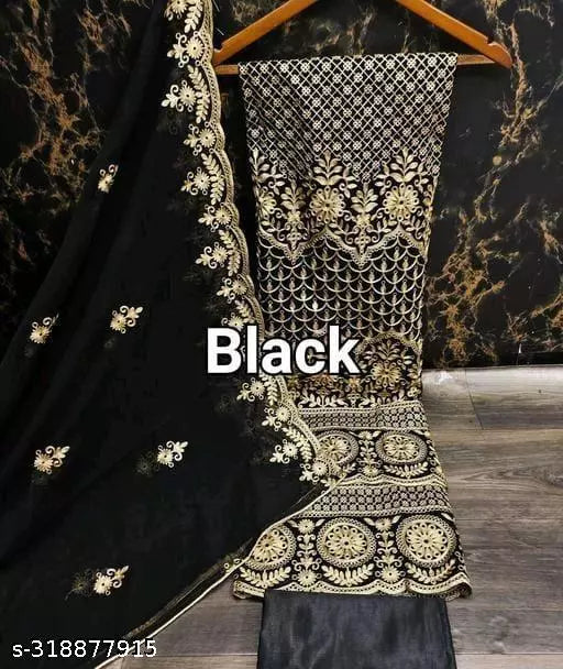 Women's Black Floral Patiala Full Suits Embroidered Sequence Work Georgette Designer Salwar Suit & Dress Materials