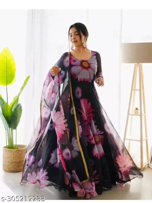 QVAZOR Stylish Fancy Trendy Printed Georgette Gown For Women For Party Wedding Festival Functions
