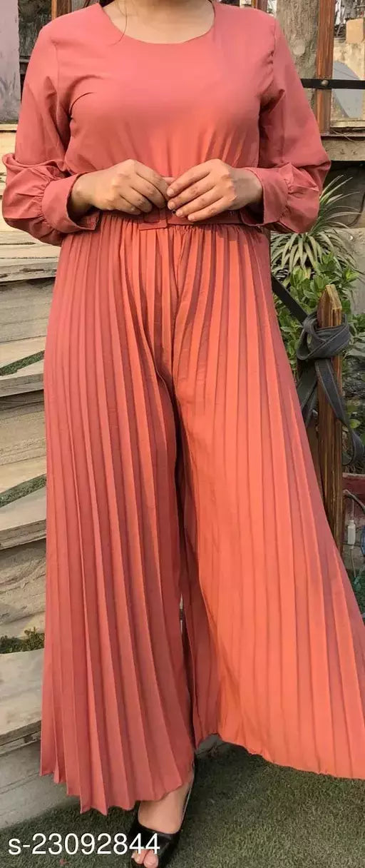 Trendy Full Sleeves  Wide Leg Pleated Women Round Neck Jumpsuit