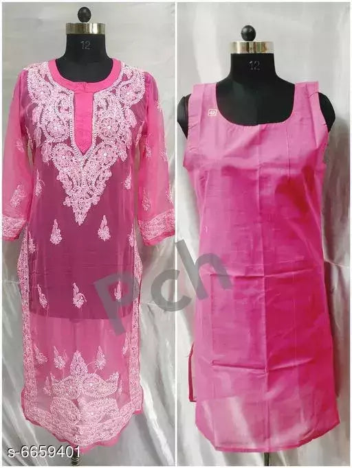 women s Chikankari Embroidered HandWork Chiffon long kurti With Inner.