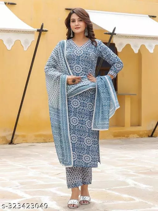 Anni Designer Women's Blue Ethnic Motifs Printed Kurta with Trouser & Dupatta