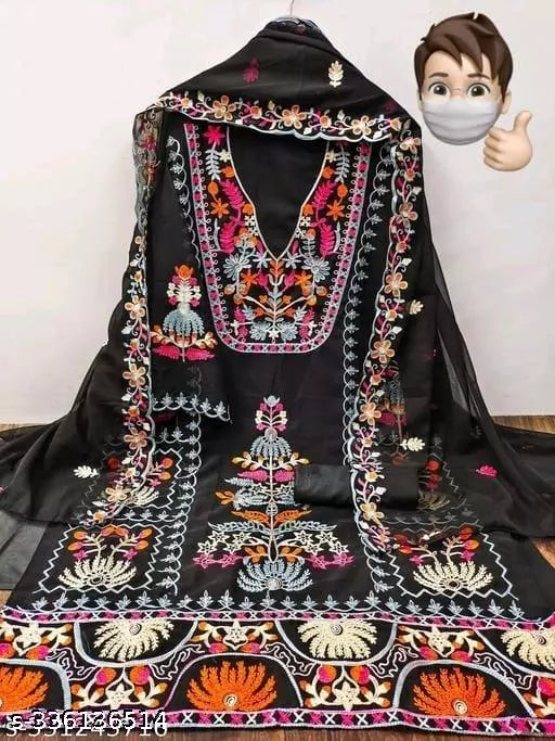 TRENDY  BLACK DRESS MATERIAL FOR WOMEN IN GEORGETTE FABRIC WITH EMBROIDERY WORK ON IT AND DUPPATA