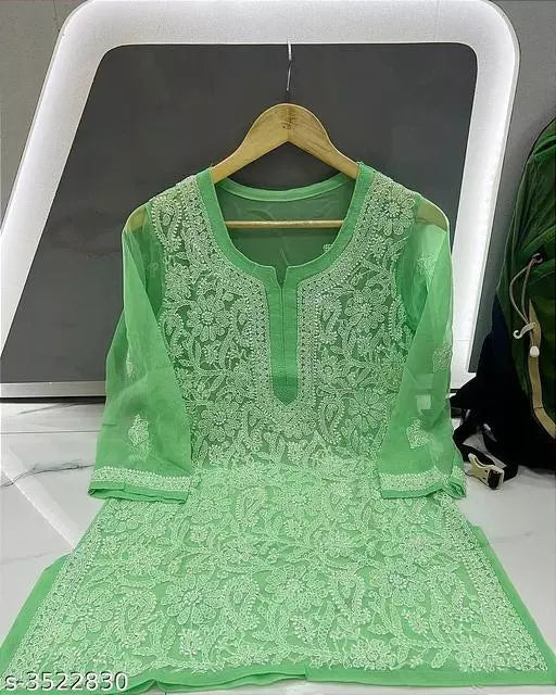 Women Chiffon A-line Chikankari Yellow Kurti
