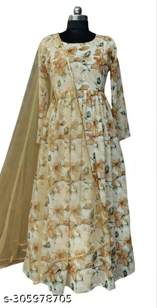 QVAZOR Stylish Fancy Trendy Printed Georgette Gown For Women For Party Wedding Festival Functions