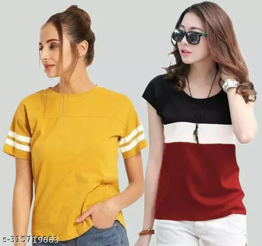 Women Color Block & Striped HALF Sleeve Designer hooded casual wear Top for women and Girls