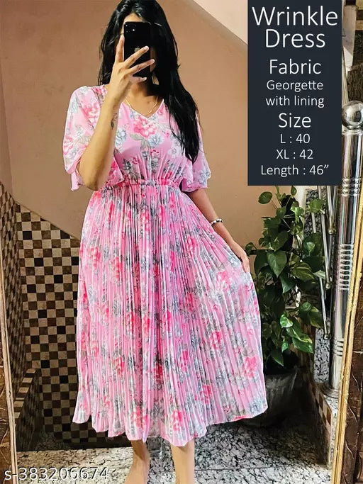 JKP COLLECTION Women's Pink Georgette Floral Printed Fit & Flared V Neck Short Sleeve Western Dress - Colour - Pink