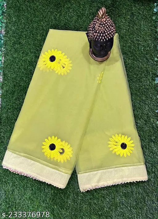 Under 399 Designer Printed Embroidered Sunflower Net Sarees Mehendi Colours Daily Wear Sarees