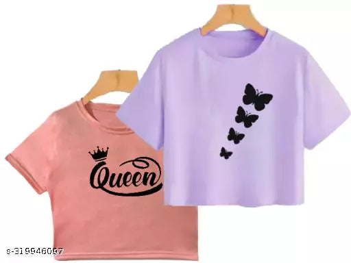Trendy Feminine Printed Crop Tshirt Round Neck Top For Womens (Combo2)