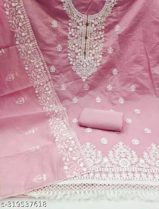 Women's Heavy Cotton Embroidery Work Unstitched Salwar Suit Dress Material With Chanderi Work Dupatta