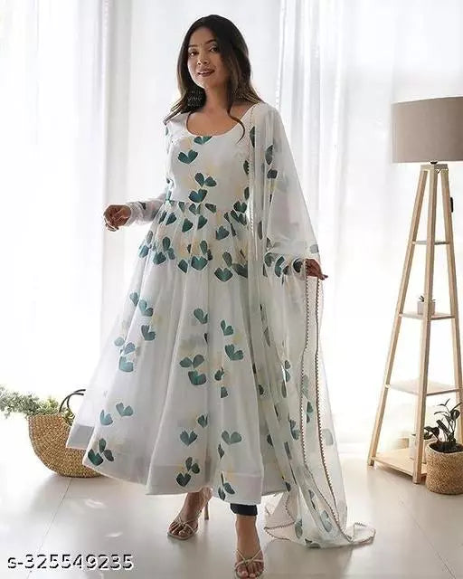 QVAZOR Stylish Fancy Trendy Printed Georgette Gown For Women For Party Wedding Festival Functions