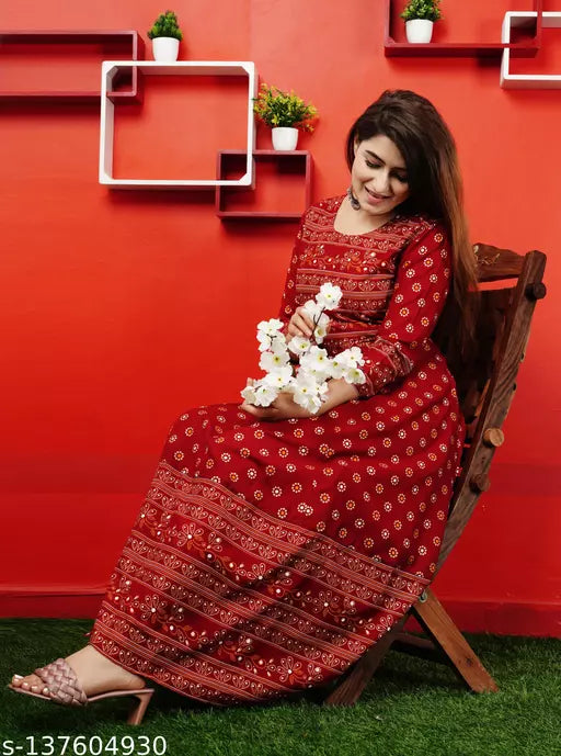 Shree Ganesh fashion's Rayon Anarkali Printed Marron  Green gold  Kurti for women