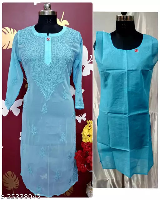 Handwork Embroidered Chikankari Chiffon Galabooti Long kurti with Camisole innr