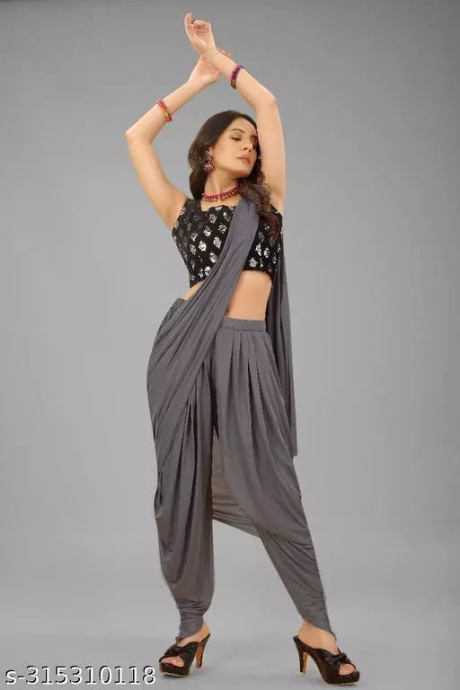 Ready To Wear Lycra Dhoti Style Fancy Party Wear Sarees Grey Colour Sarees with sequance blouse BY Kraddle