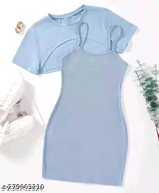 STYLISH KNITTED FABRIC LONG DRESS+ TOP COMBO