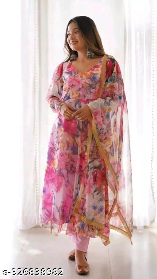 WOMEN ORGANZA LONG GOWN WITH LACE BORDER DUPTTA