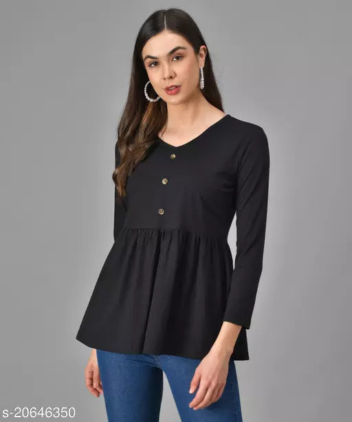 Vivient Women Black Three Button Peplum Top
