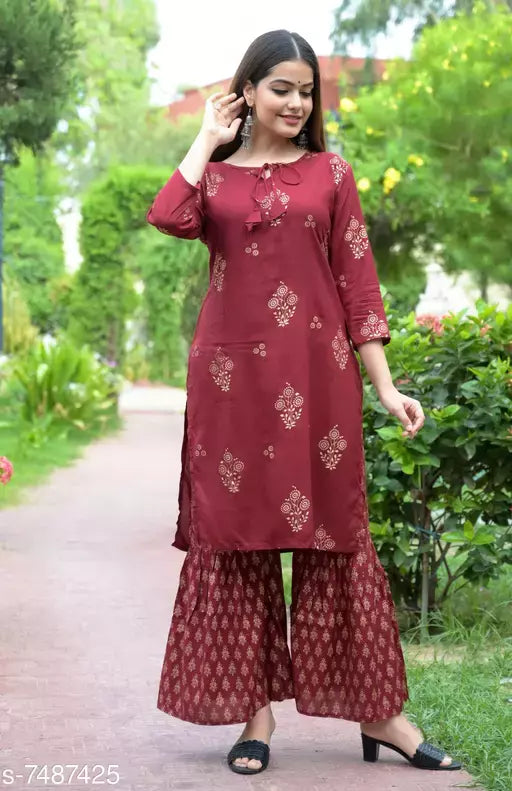 Women's Printed Rayon Kurta with Sharara
