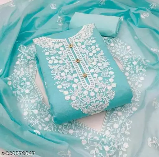 Aayegi Sensationable Trendy Aqua Blue Chanderi Cotton Unstiched Chudidar Patiala Punjabi ChainStich Work Embroidered Party Wear Salwar Suits & Dress Materials