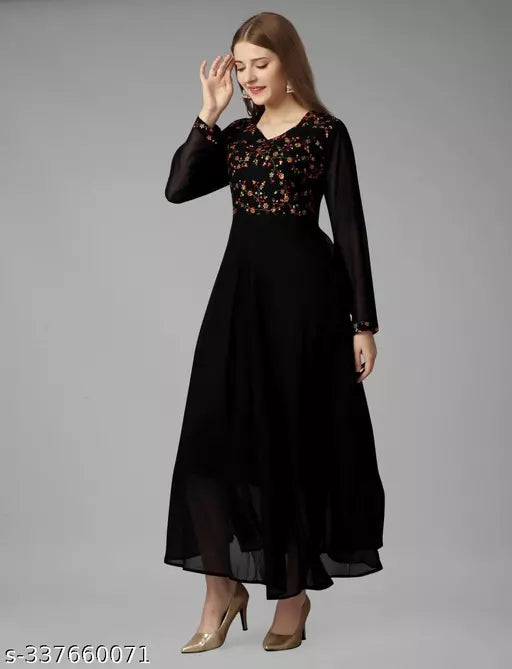 Exquisite Georgette Long Dress - Elegant Party Wear Black Gown for Women and Ladies