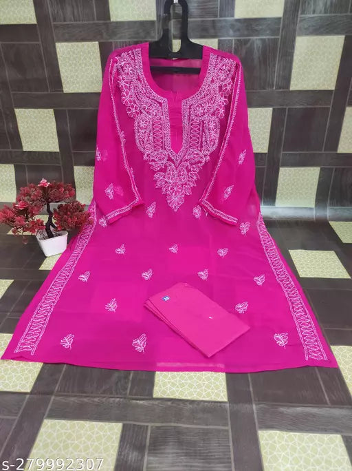 Womens Chikankari Handwork Embroidered Plus Size Gala Booty Chiffon Long kurti With inner.