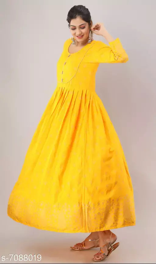 Women Rayon Pleated Printed Yellow Kurti