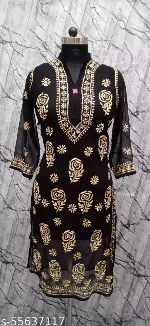Chikankari  Shaded Rose Georgette Long kurti.