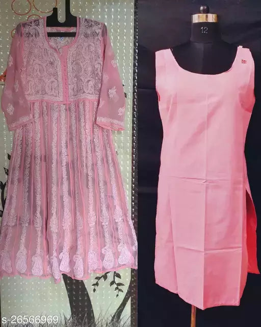 Handwork Embroidered Chikankari Chiffon Anarkali Kurti with inner.