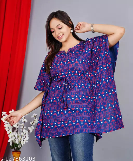 Stylish Rayon Printed Teal croos  women Kaftan Top