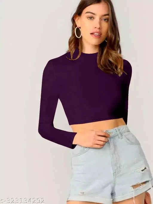 Casual Polyester Blend Round Neck Long Sleeves Crop Top
