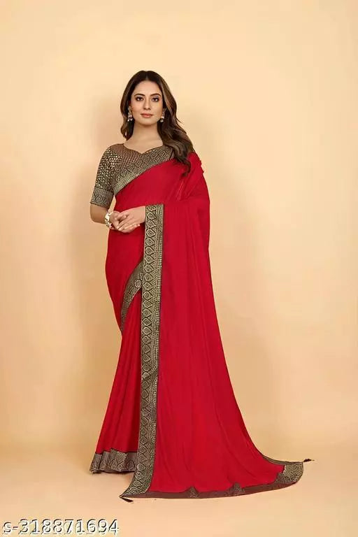 Bhagalpuri Soft Silk Black Lace border RED Saree With NEW MAHARANI BLACK  BORDER Blouse BY KRADDLE