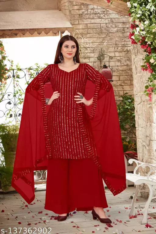 Women's Faux Georgette Sequence Embroidery Work Unstitched Top With Full Stitched Sharara and dupatta
