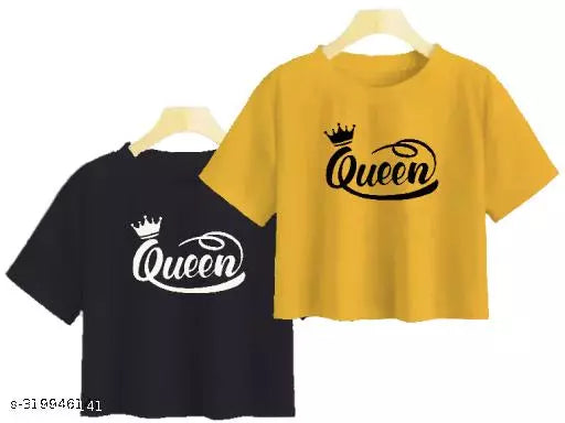 Trendy Feminine Printed Crop Tshirt Round Neck Top For Womens (Combo2)