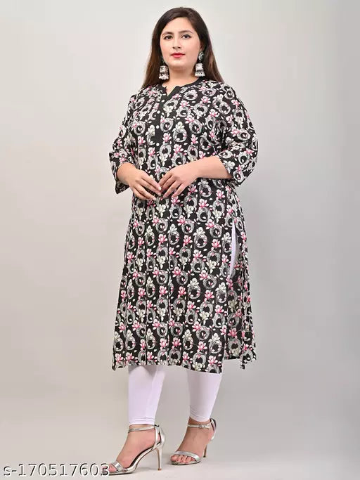 Swasti Women Printed  Floral Print Pure Cotton Straight Kurta (Black)