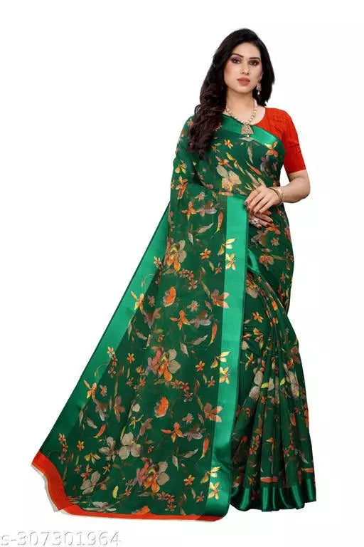 LIGHT WEIGHT BEST DESIGNER COMFERTABLE WEAR BEAUTIFUL SAREE ( CHANDERI COTTON- MIX LENIN) WITH BLOUSE