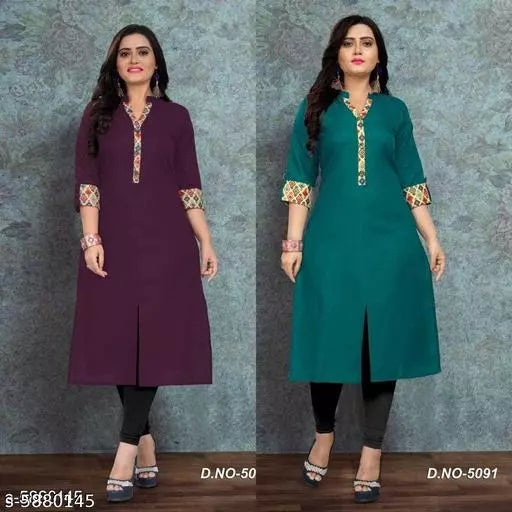 Women Cotton Front Slit Solid Kurti