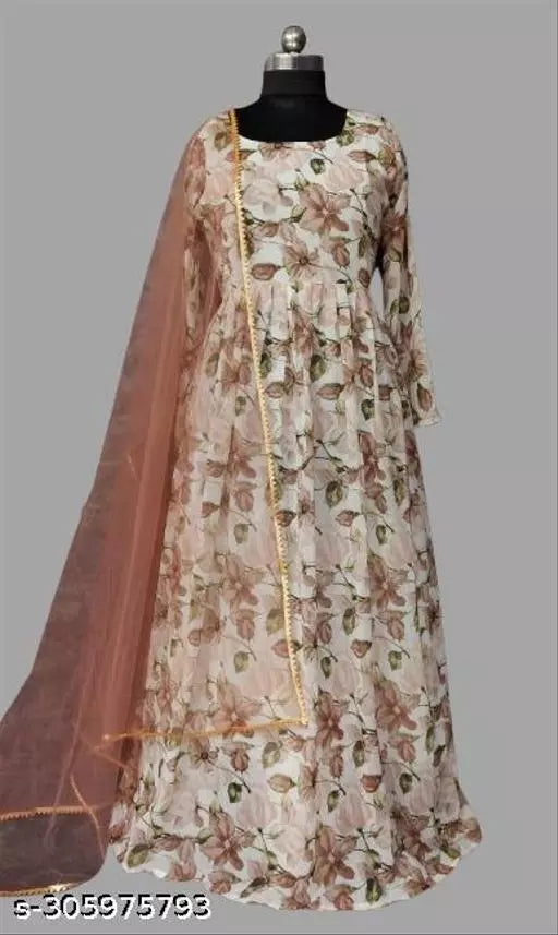 QVAZOR Stylish Fancy Trendy Printed Georgette Gown For Women For Party Wedding Festival Functions