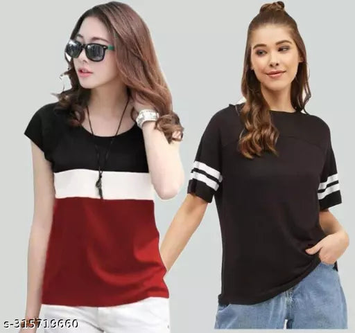 Women Color Block & Striped HALF Sleeve Designer hooded casual wear Top for women and Girls