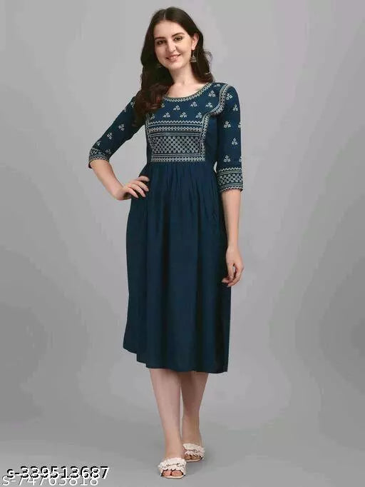 Stylish Women's Blue Rayon Embroidered Kurta: Perfect Ladies Dress Design