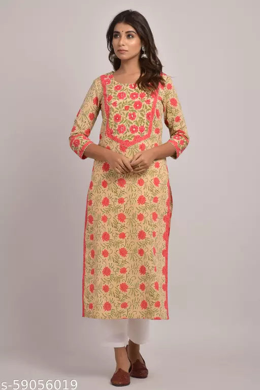 Swasti Plus Size Women Printed Pure Cotton Straight Kurta  (Pink  Beige)