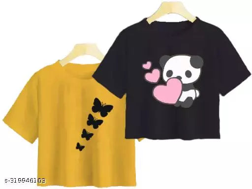 Trendy Feminine Printed Crop Tshirt Round Neck Top For Womens (Combo2)
