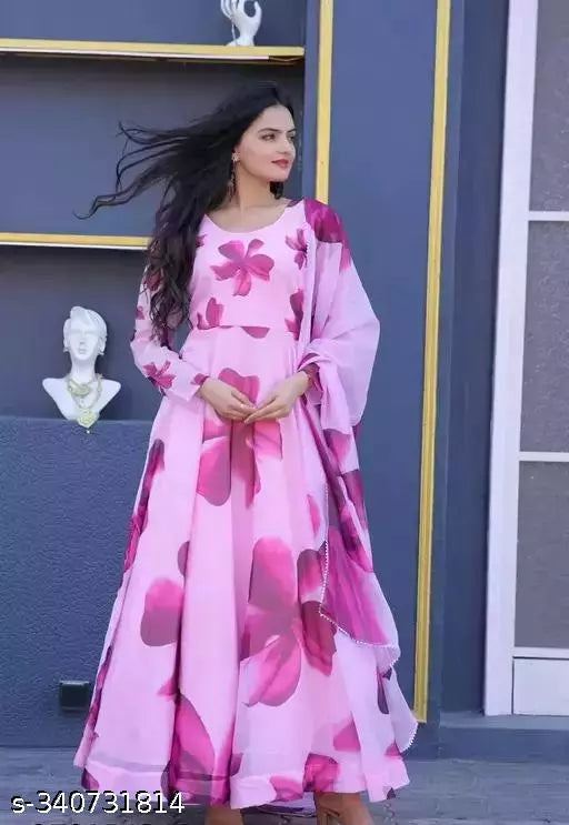 Discover Elegant Georgette Fabric Pink Color Maxi Dress Gowns with Matching Dupatta Sets for Women in our Exquisite Collection