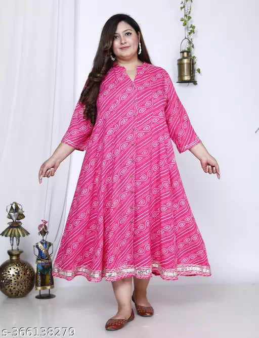 Swasti Plus Size  Women Bandhani Print Cotton Blend Gown  Ethnic Dress