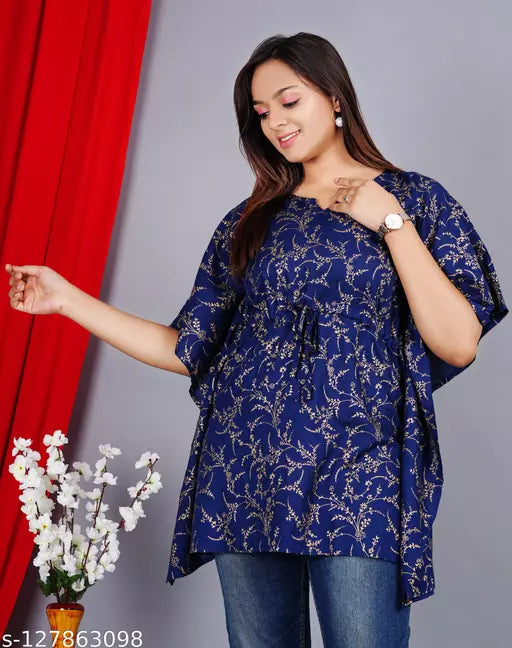 Stylish Rayon Printed Blue Gold   women Kaftan Top