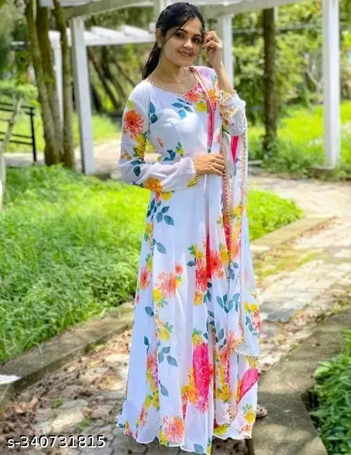 Discover Elegant Georgette Fabric White Color Maxi Dress Gowns with Matching Dupatta Sets for Women in our Exquisite Collection