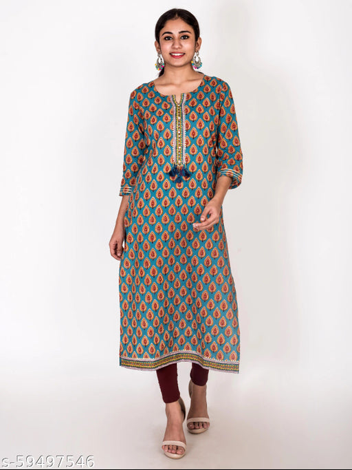 Swasti  Women Printed Cambric A-line Kurta  (Blue)