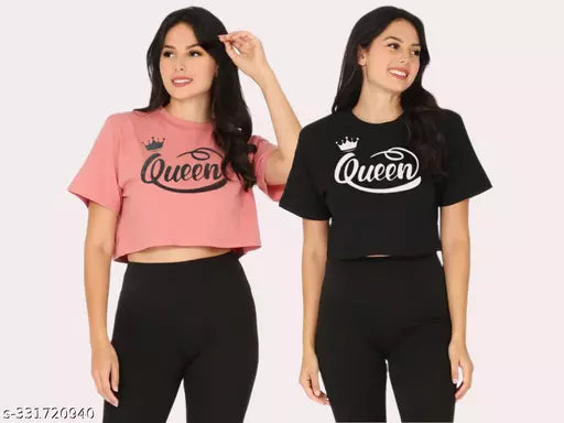 Trendy Feminine Printed Crop Tshirt Round Neck Top For Womens(Pack Of 2)