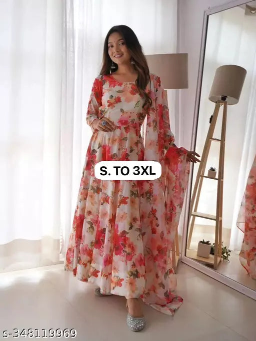 Printed Flower Women Georgette Anarkali Gown With Dupatta